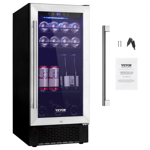 VEVOR Wine Cooler, 96 Cans Capacity Under Counter Built-in or Freestanding Wine Refrigerator, Beverage Cooler with Blue LED Light, Single Door, Child