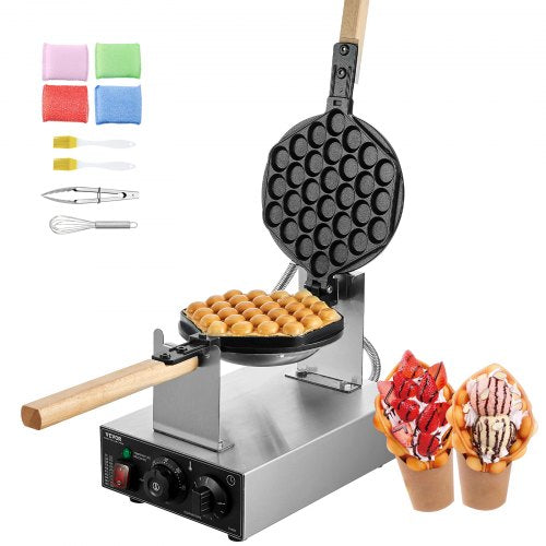 VEVOR Commercial Bubble Waffle Maker, 1400W Egg Pancake Baker Machine, Non-Stick Stainless Steel Egg Bubble Puff, 180° Rotatable, Temp and Time Contro