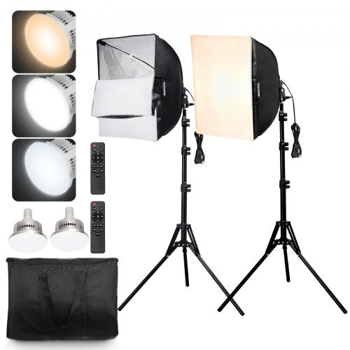 VEVOR Softbox Lighting Kit, 16" x 16", Professional Softbox with 45W LED Bulbs, 3000-6500K Adjustable Color Temperature, Tripod Stand, Remote Control,