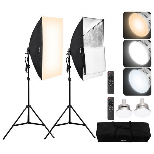 VEVOR Softbox Lighting Kit, 20" x 28", Professional Softbox with 45W 3000-6500K LED Bulbs, 3 Continuous Lighting Effects, Tripod Stand, Remote Control