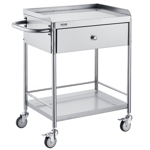VEVOR Medical Cart, 2 Layers Stainless Steel Cart 100 kg Weight Capacity, Lab Utility Cart with 360° Silent Wheels and a Drawer for Lab, Clinic, Kitch