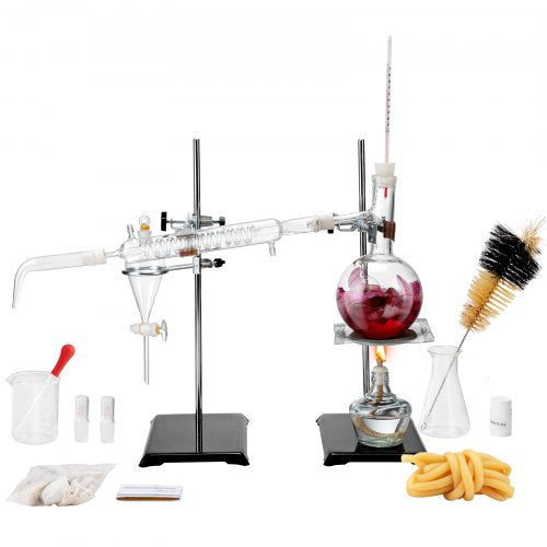 VEVOR Essential Oil Distillation Kit, 500ml Distillation Apparatus, 3.3 Boro Lab Glassware Distillation Kit with Alcohol Lamp, Ceramic Mesh and 24, 40