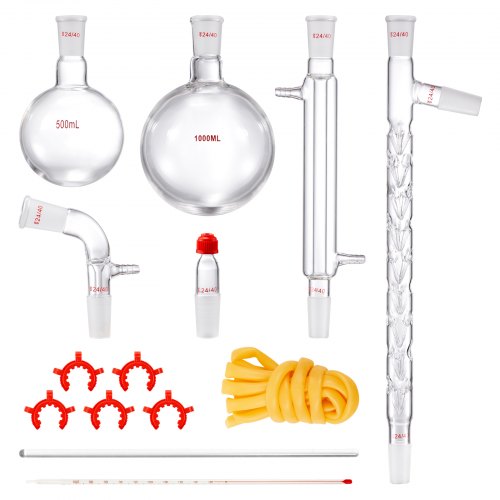 VEVOR Lab Distillation Kit, 3.3 Boro Lab Glassware Distillation Kit with 24, 40 Joint, 1000ml Essential Oil Distillation Apparatus Kit, 14 pcs Set of