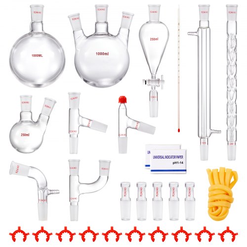VEVOR Lab Distillation Kit, 3.3 Boro Lab Glassware Distillation Kit with 24, 40 Joint, 1000ml Essential Oil Distillation Apparatus Kit, 29 pcs Set of