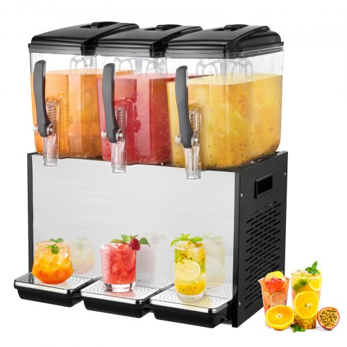 VEVOR Commercial Beverage Dispenser, 3 Tanks 12 L Per Tank Juice Dispenser, 370W Stainless Steel Ice Tea Drink Machine with 7℃-12℃ Cooling Temperature
