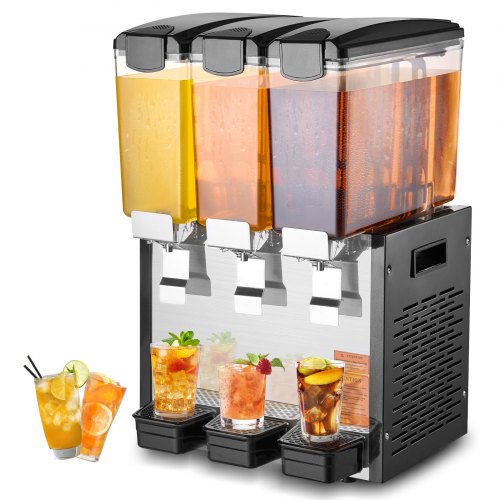 VEVOR Commercial Beverage Dispenser, 3 Tanks 10 L Per Tank Juice Dispenser, 440W Stainless Steel Ice Tea Drink Machine with 7℃-12℃ Cooling Temperature