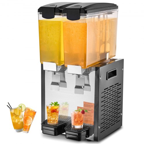 VEVOR Commercial Beverage Dispenser, 2 Tanks 10 L Per Tank Juice Dispenser, 270W Stainless Steel Ice Tea Drink Machine with 7℃-12℃ Cooling Temperature