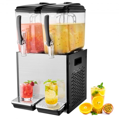VEVOR Commercial Beverage Dispenser, 2 Tanks 12 L Per Tank Juice Dispenser, 286W Stainless Steel Ice Tea Drink Machine with 7℃-12℃ Cooling Temperature