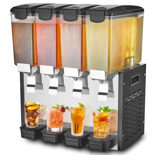 VEVOR Commercial Beverage Dispenser, 4 Tanks 10 L Per Tank Juice Dispenser, 430W Stainless Steel Ice Tea Drink Machine with 7℃-12℃ Cooling Temperature