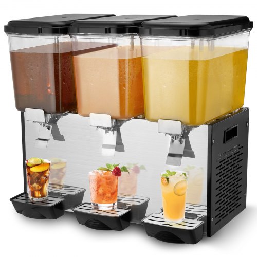 VEVOR Commercial Beverage Dispenser, 3 Tanks 18 L Per Tank Juice Dispenser, 512W Stainless Steel Ice Tea Drink Machine with 7℃-12℃ Cooling Temperature