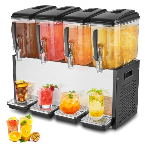 VEVOR Commercial Beverage Dispenser, 4 Tanks 12 L Per Tank Juice Dispenser, 510W Stainless Steel Ice Tea Drink Machine with 7℃-12℃ Cooling Temperature