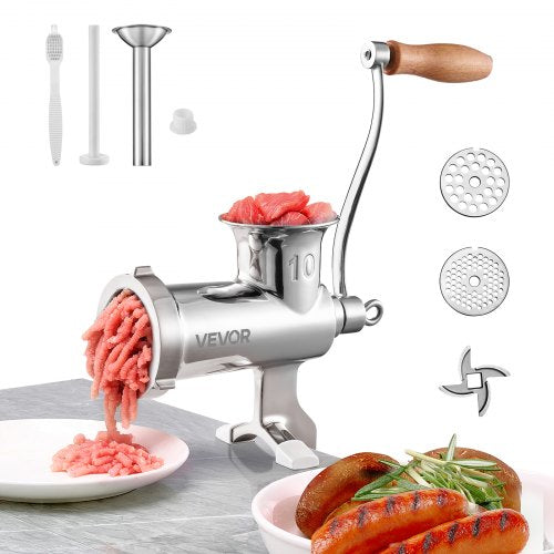 VEVOR Manual Meat Grinder, All Parts Stainless Steel, Hand Operated Meat Grinding Machine with Tabletop Clamp, 2 Grinding Plates & Sausage Stuffer, Id