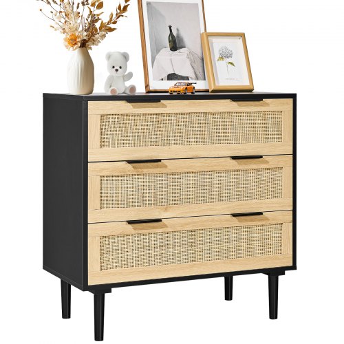 VEVOR 3 Drawer Rattan Dresser, Natural Rattan Closet Dresser with 3 Drawers, Modern Wood Chest Clothing Organizer & Storage Boho Dresser with Sturdy H