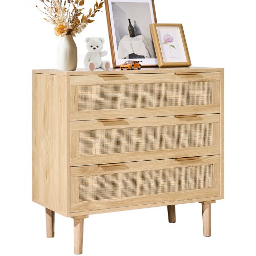 VEVOR 3 Drawer Rattan Dresser, Natural Rattan Closet Dresser with 3 Drawers, Modern Wood Chest Clothing Organizer & Storage Boho Dresser with Sturdy H