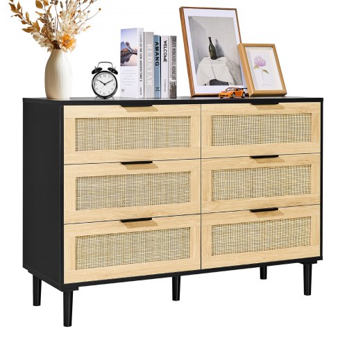 VEVOR 6 Drawer Rattan Dresser, Natural Rattan Closet Dresser with 6 Drawers, Modern Wood Chest Clothing Organizer & Storage Boho Dresser with Sturdy H