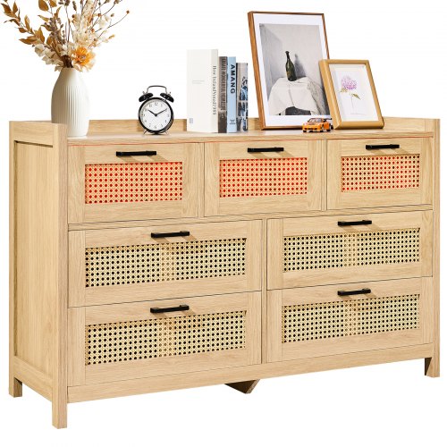 VEVOR 7 Drawer Rattan Dresser, Natural Rattan Wood Dressers with LED Light, Modern Wood Chest Clothing Organizer & Storage Boho Dresser with Sturdy Ha