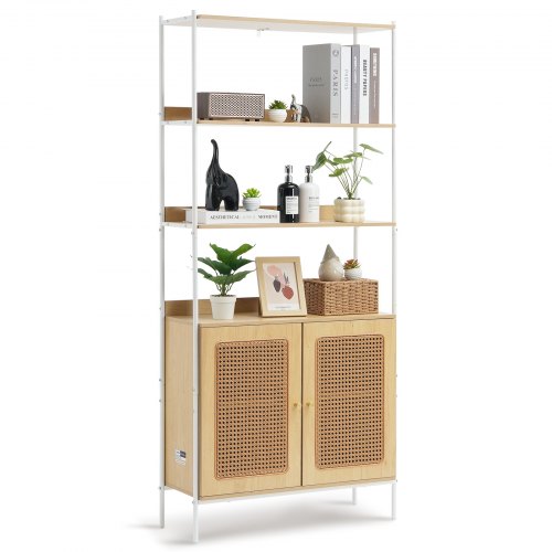 VEVOR Rattan Bookshelf, Ladder Shelf with 2 Doors, Rectangle Freestanding Open Storage Bookcase Rack Organizer, Storage Display Shelves Ideal for Libr