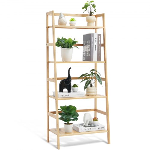 VEVOR 4-Tier Bamboo Ladder Shelf, Trapezoid Open Bookcase, Display Storage Rack Organizer, Freestanding Flower Plant Stand, Ladder Bookshelf Ideal for