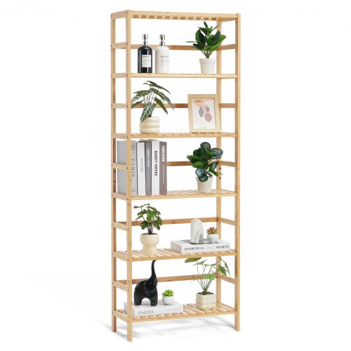 VEVOR 6-Tier Bamboo Shelf, Open Wood Bookshelf, Display Storage Rack Organizer, Freestanding Flower Plant Stand, Multifunctional Bamboo Bookshelf Idea