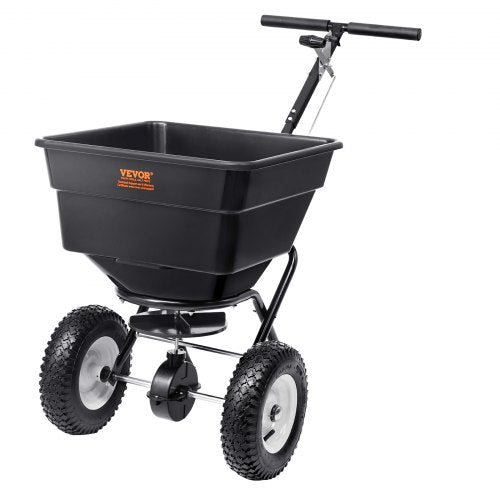 VEVOR Broadcast Spreader, 100 LB Walk-Behind Turf Spreader with 12" Wheels, Steel Push Fertilizer Spreader, Garden Seeder, and Salt Spreader, Designed