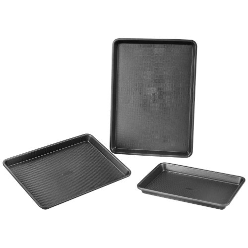 VEVOR Baking Pans Set, 3-Piece, Nonstick Carbon Steel Cookware Sheets & Trays, Stackable Kitchen Oven Bakeware Cooking Sets with Silicone Handles, Eas
