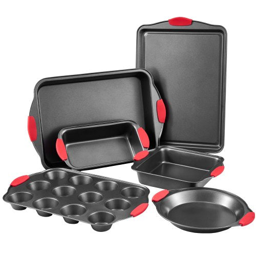 VEVOR Baking Pans Set, 6-Piece, Nonstick Carbon Steel Cookware Sheets & Trays, Stackable Kitchen Oven Bakeware Cooking Sets with Silicone Handles, Eas
