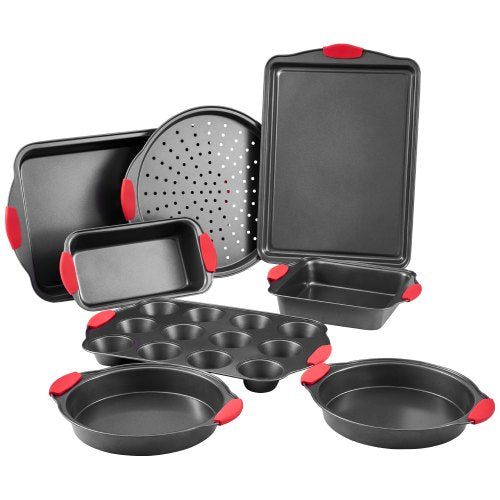 VEVOR Baking Pans Set, 8-Piece, Nonstick Carbon Steel Cookware Sheets & Trays, Stackable Kitchen Oven Bakeware Cooking Sets with Silicone Handles, Eas