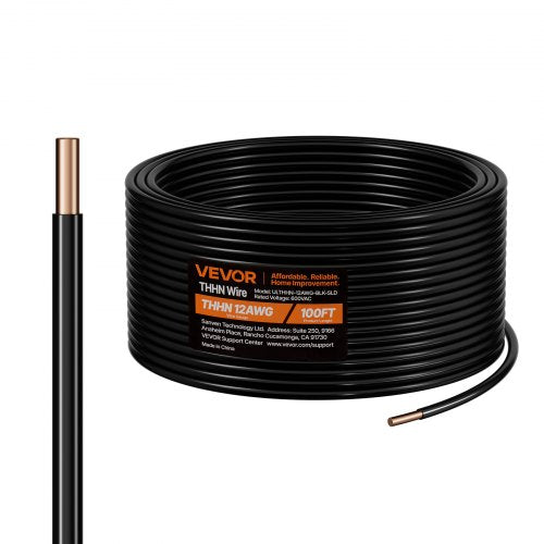 VEVOR 12 AWG Solid THHN Wire, 100% OFC Copper Electrical Building Wire with Nylon Jacket PVC Insulation, Rated for Up to 600 Volts, Heavy-Duty for Res