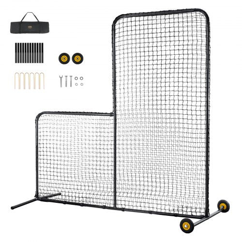 VEVOR L Screen Baseball for Batting Cage, 7x7 ft Softball Safety Screen, Body Protector Portable Batting Screen with Carry Bag, Wheels, Ground Stakes,