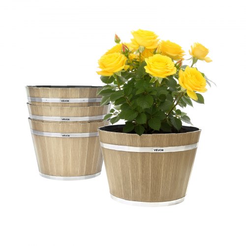 VEVOR Plant Pots, 4 Pack 11.81 inch Whiskey Barrel Planters with Drainage Holes, Large Outside Plastic Decoration Flower Pot Imitation Wine Barrel Des