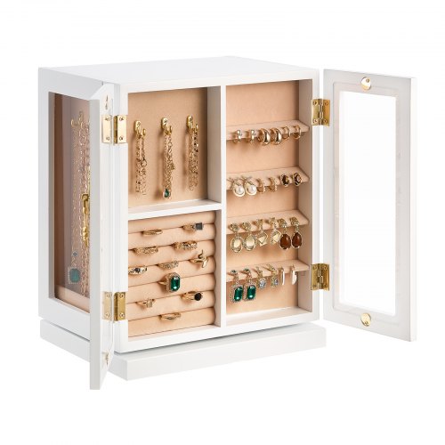 VEVOR Jewelry Box, 360° Rotating Jewelry Organizer with 5 Drawers, Acrylic Window, 4 Necklace Hooks on Each Side, Spacious Storage Case with Metal Han