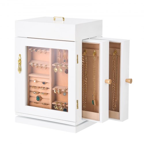 VEVOR Jewelry Box, 360° Rotating Jewelry Organizer with Magnetic Door, Acrylic Window and Built-in 4 Necklace Hooks, Spacious Storage Case with Metal