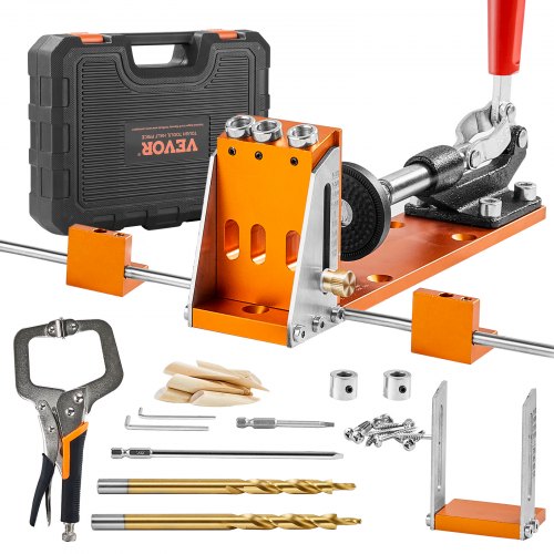 VEVOR Pocket Hole Jig Kit, 34 Pcs Pocket Hole Jig System with 11" C-clamp,  Fixture, Step Drills, Wrenches, Drill Stop Rings, Square Drive Bits, Toolb