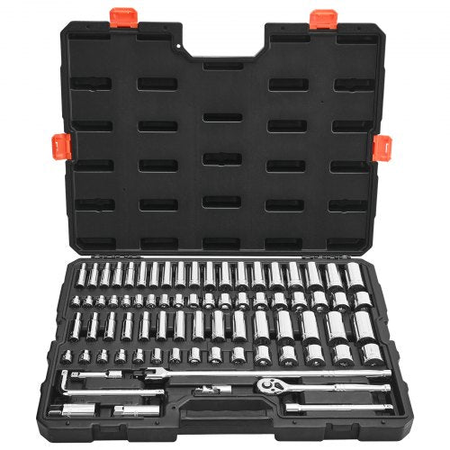 VEVOR Socket Set, 76 Pieces, 9.5 mm Drive Socket and Ratchet Set, SAE and Metric, Deep and Shallow, Mechanic Tool Kit with Accessories and Storage Cas