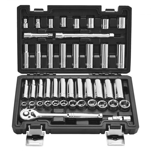 VEVOR Socket Set, 44 Pieces, 9.5 mm Drive Socket and Ratchet Set, SAE and Metric, Deep and Shallow, Mechanic Tool Kit with Accessories and Storage Cas