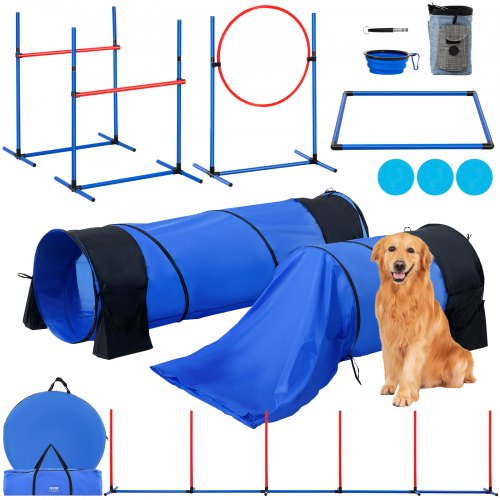 VEVOR Dog Agility Training Equipment, 7 PCS Set w- Adjustable High Hurdles,6 Weave Poles,2 Tunnels,Jump Ring,Pause Box,Whistle,Foldable Bowl,Puppy Obs