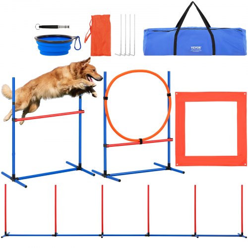VEVOR Dog Agility Training Equipment, 4 PCS Set with Adjustable High Hurdles,6 Weave Poles,Jump Ring,Square Pause Box,Whistle,Foldable Bowl, Puppy Obs