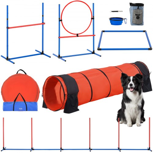 VEVOR Dog Agility Training Equipment, 5 PCS Set Upgrade with Adjustable High Hurdles,6 Weave Poles,Extended Tunnel,Jump Ring,Pause Box,Whistle,Foldabl