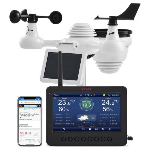 VEVOR 7-in-1 Wi-Fi Weather Station, 7" TFT Color Display, Wireless Weather Station with Solar-Powered Sensor, Indoor Outdoor Monitoring for Temperatur