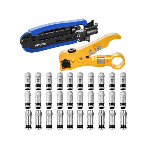 VEVOR Coax Cable Crimper Kit, Coaxial Cable Compression Kit with a Crimping Tool, a Wire Stripper, and 30PCS F-Type RG6 Connector, Compatible with RG6