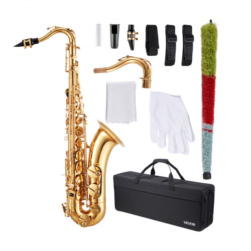 VEVOR Tenor Saxophone, B Flat, Professional Brass Saxophone Beginner Kit with Carrying Case, Mouthpiece, Straps, Cleaning Cloth, Gloves, Neck Strap, 2
