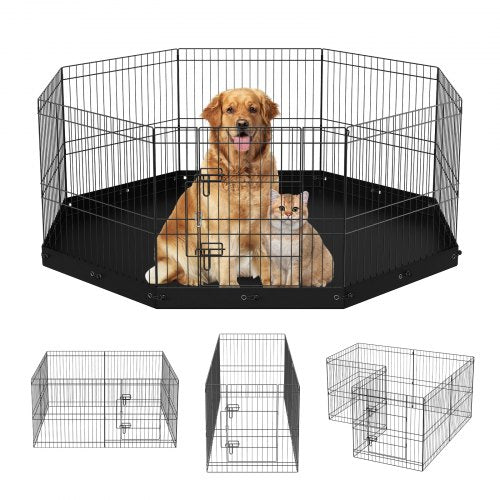 VEVOR Dog Playpen, 8 Panels Foldable Metal Dog Exercise Pen with Bottom Pad, 24" H Pet Fence Puppy Crate Kennel with Ground Stakes, Indoor Outdoor Dog
