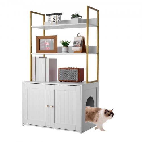 VEVOR Cat Litter Box Enclosure Furniture, 70 cm Hidden Litter Box Cabinet with Metal Legs & 2-Tier Storage Shelves, Waterproof Cat Washroom Cat House,