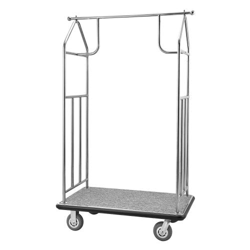 VEVOR Hotel Luggage Cart, 800 LBS Load Capacity, Brushed Stainless Steel Finish Bellman's Cart, Valet Cart with Grey Carpeted Deck and 6-inch Rubber W