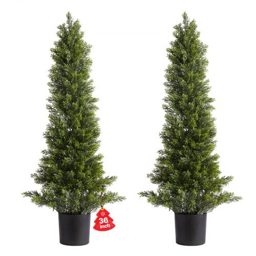 VEVOR Artificial Topiary Cedar Trees, 36 inch 2 Set Faux Pine Shrubs Plants, Fake Silk Tree Look Real, Easy Assembly for Decor Front Porch Outdoor Pat