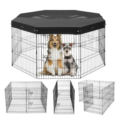 VEVOR Dog Playpen, 8 Pcs 30"H x 24"W Panels Foldable Metal Pet Exercise Pen, Dog Fence Indoor and Outdoor Pen with Door, 600D Oxford Fabric Top Cover,