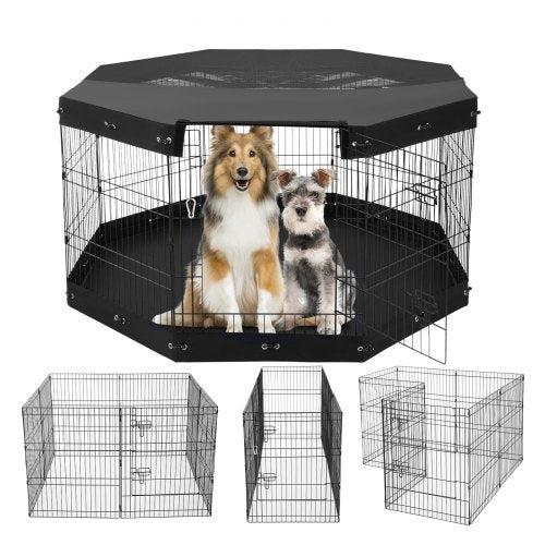 VEVOR Dog Playpen, 8 Pcs 30"H x 24"W Panels Foldable Metal Pet Exercise Pen, Dog Fence Indoor and Outdoor Pen with Door, Bottom Pad and Top Cover, Pet