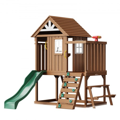 VEVOR Outdoor Wooden Playhouse, Modern Cedar Playhouse for Age 2-8 Years Kids, Garden Games Cottage, Country Style Cedar Playhouse with Slide, Ladder,