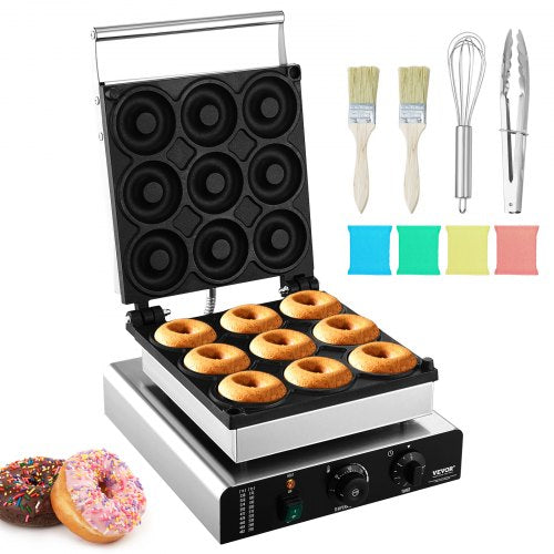 VEVOR Electric Donut Maker, 2000W Commercial Doughnut Machine with Non-stick Surface, 9 Holes Double-Sided Heating Waffle Machine Makes 9 Doughnuts, T