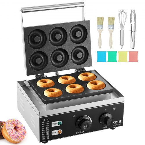 VEVOR Electric Donut Maker, 1550W Commercial Doughnut Machine with Non-stick Surface, 6 Holes Double-Sided Heating Waffle Machine Makes 6 Doughnuts, T
